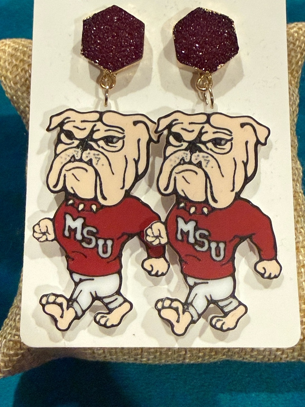 MSU Bulldog Druzy Acrylic Drop Earrings with Glitter Post